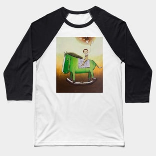 Child rides a green toy horse Baseball T-Shirt